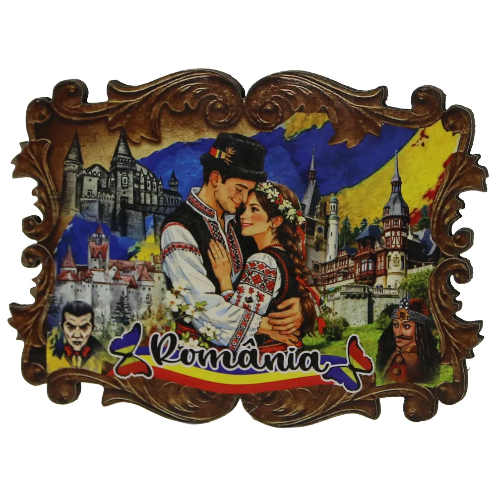 Magnet de frigider din placaj Romania 8 x 6 cm cuplu si orase Magnet de frigider din placaj Romania 8 x 6 cm cuplu si orase
