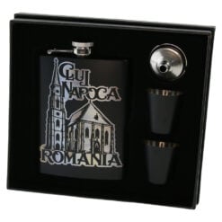 Set cadou Romania plosca gravata 220 ml cu palnie si 2 pahare Cluj Napoca