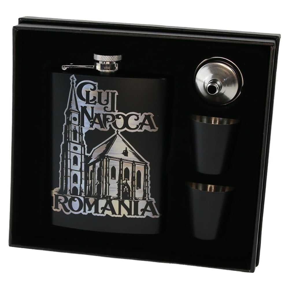 Set cadou Romania plosca gravata 220 ml cu palnie si 2 pahare Cluj Napoca Set cadou Romania plosca gravata 220 ml cu palnie si 2 pahare Cluj Napoca