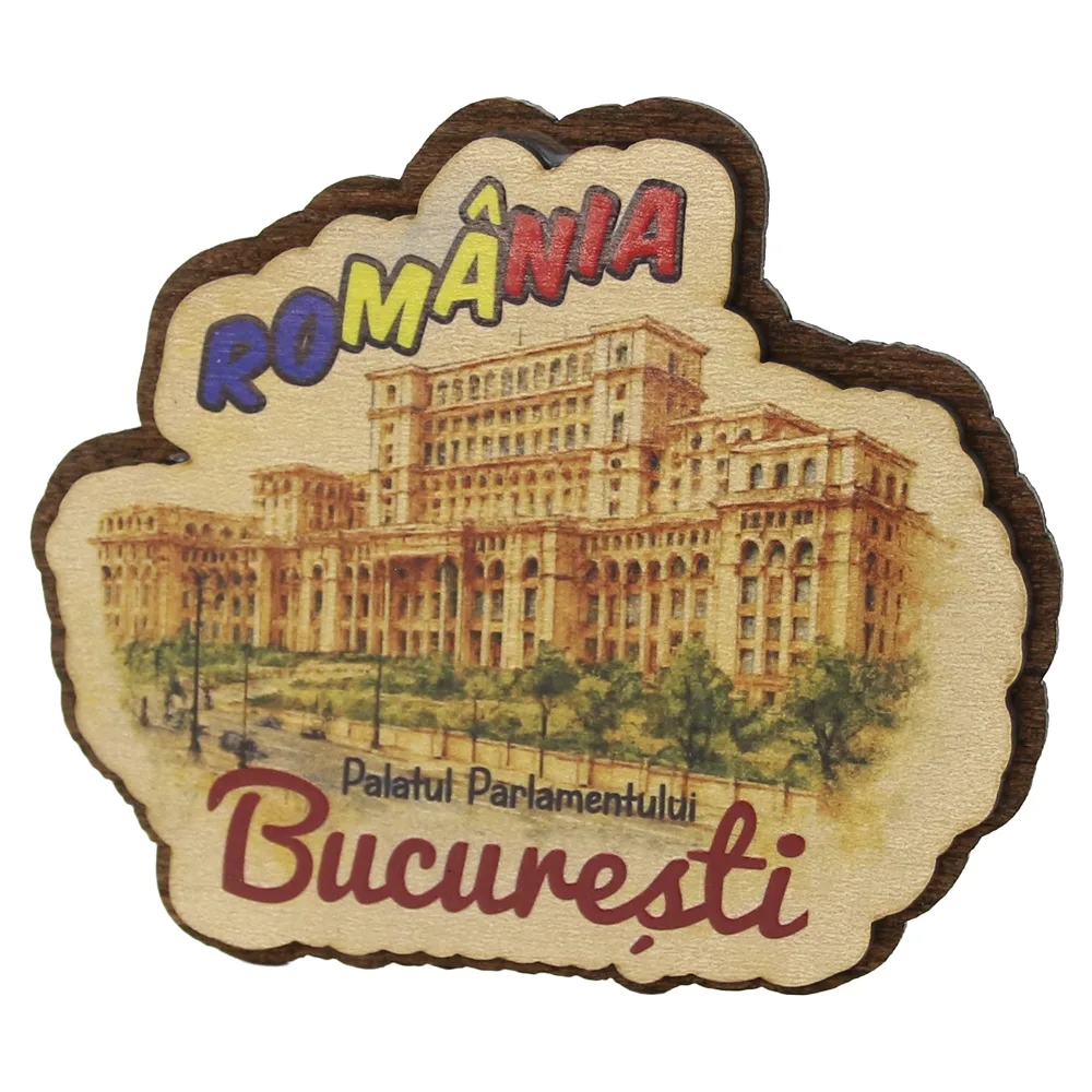 Magnet de frigider din lemn "Romania / Bucuresti" 9 x 8 cm Palatul Parlamentului