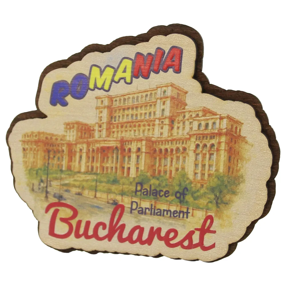 Magnet de frigider din lemn "Romania / Bucharest" 9 x 8 cm Palatul Parlamentului