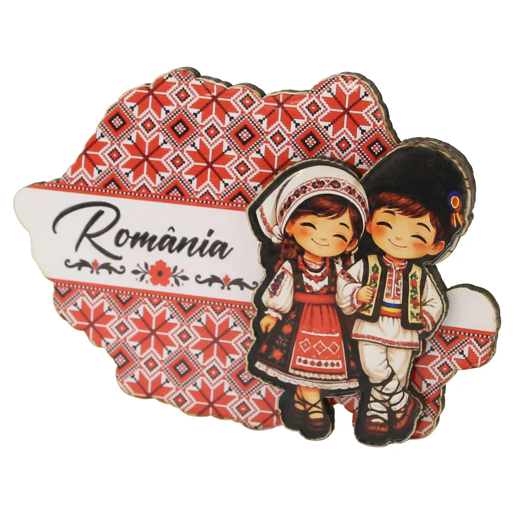 Magnet de frigider din lemn "Romania" 10 x 7 cm Copii in port popular Magnet de frigider din lemn "Romania" 10 x 7 cm Copii in port popular