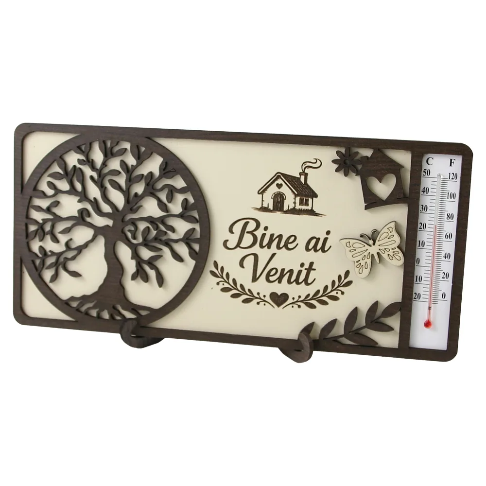 Decoratiune de masa din lemn cu termometru "Bine ai venit" 23.5 x 11 cm