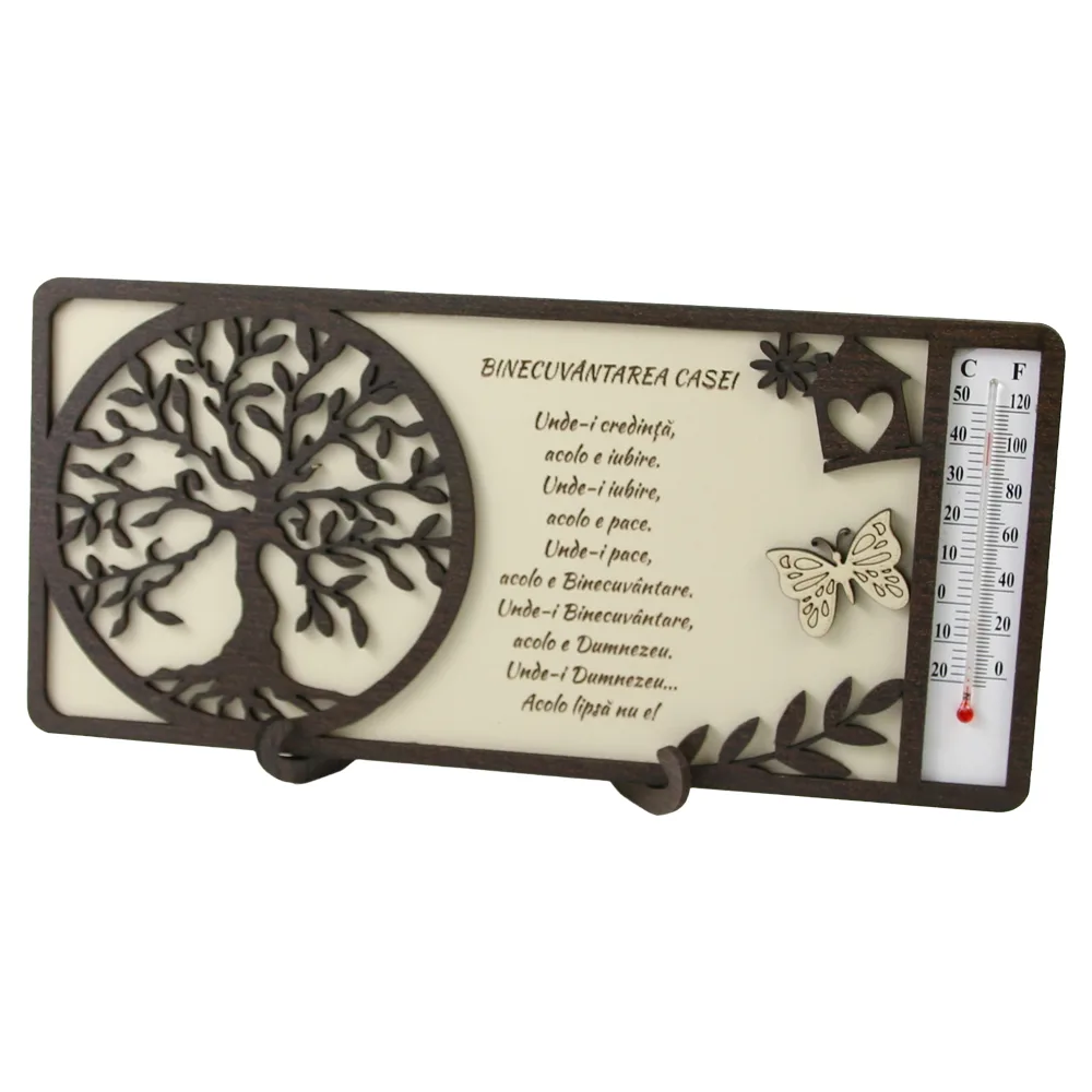 Decoratiune de masa din lemn cu termometru "Binecuvantarea Casei" 23.5 x 11 cm