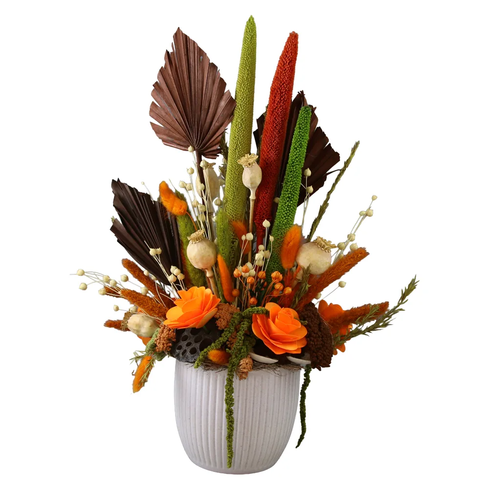 Aranjament floral cu plante uscate in ghiveci ceramic 35 cm Aranjament floral cu plante uscate in ghiveci ceramic 35 cm