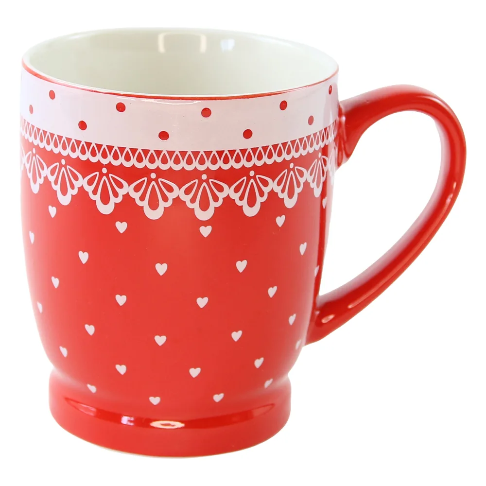 Cana din ceramica rosie cu model buline/inimioare 320 ml