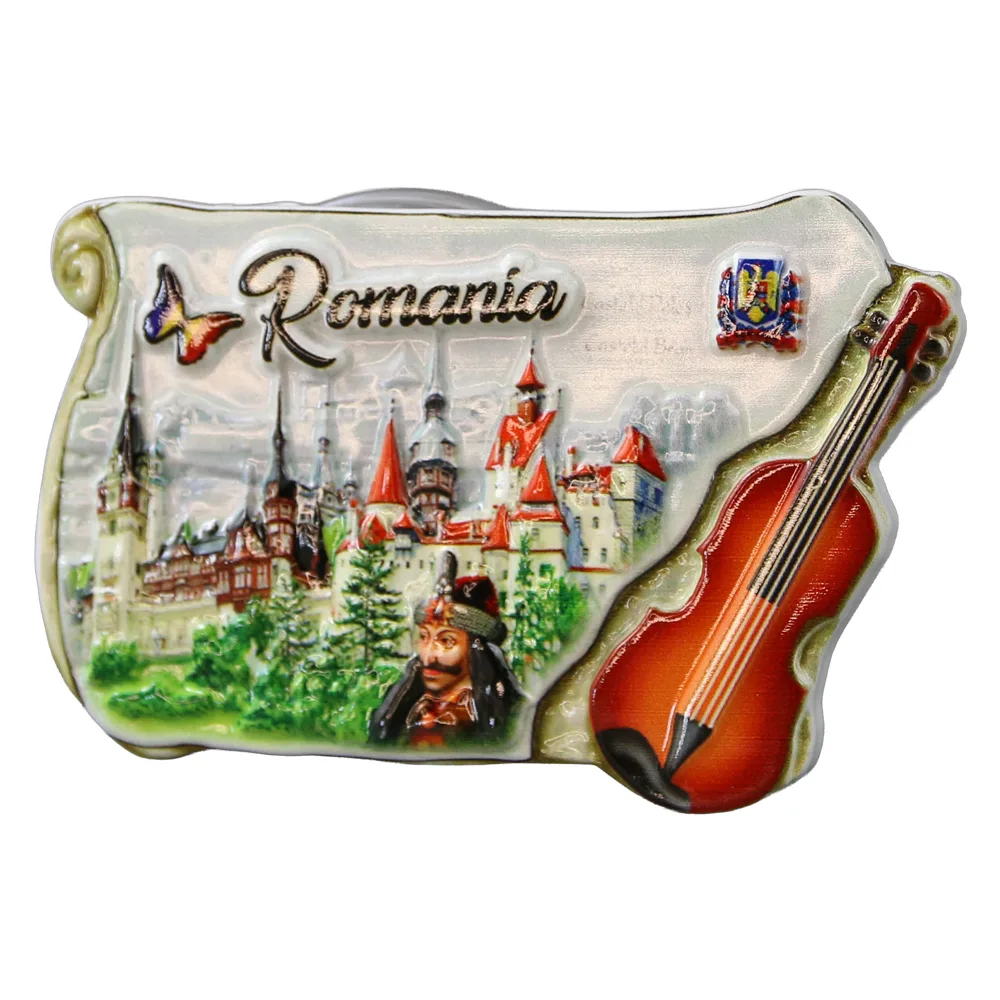 Magnet de frigider din rasina "Romania" 8.5 x 5.5 cm Castele Romania cu vioara Magnet de frigider din rasina "Romania" 8.5 x 5.5 cm Castele Romania cu vioara