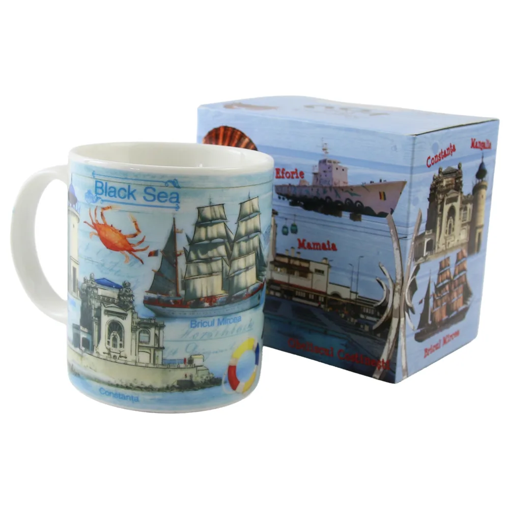 Cana din ceramica "Romania / Black Sea" 330 ml cu cutie decorativa albastra