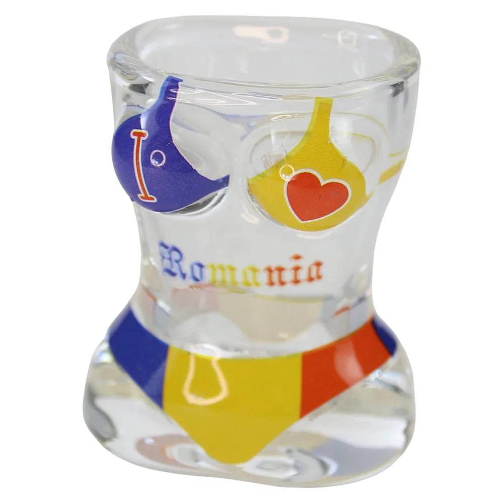Pahar snaps din sticla "Romania" 4.5 x 6.5 cm bust femeie Pahar snaps din sticla "Romania" 4.5 x 6.5 cm bust femeie