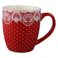 Cana din ceramica rosie cu buline si design dantelat 200 ml