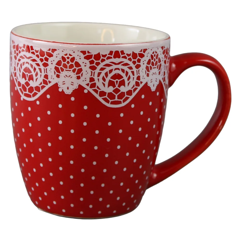 Cana din ceramica rosie cu buline si design dantelat 200 ml Cana din ceramica rosie cu buline si design dantelat 200 ml