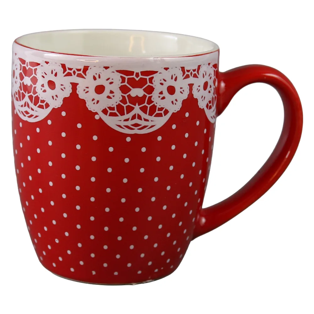 Cana din ceramica rosie cu buline si design dantelat 200 ml Cana din ceramica rosie cu buline si design dantelat 200 ml