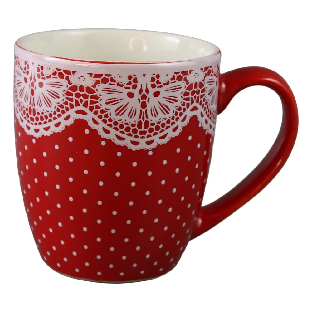 Cana din ceramica rosie cu buline si design dantelat 200 ml Cana din ceramica rosie cu buline si design dantelat 200 ml