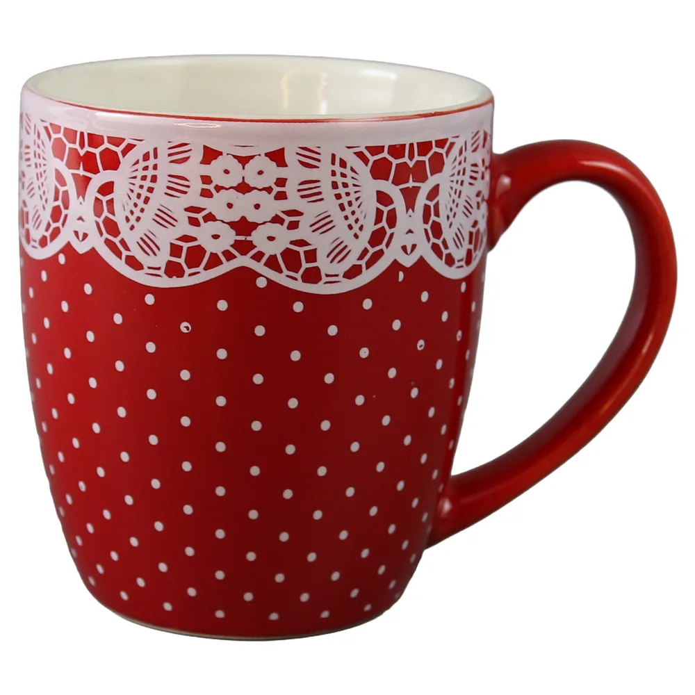 Cana din ceramica rosie cu buline si design dantelat 200 ml Cana din ceramica rosie cu buline si design dantelat 200 ml