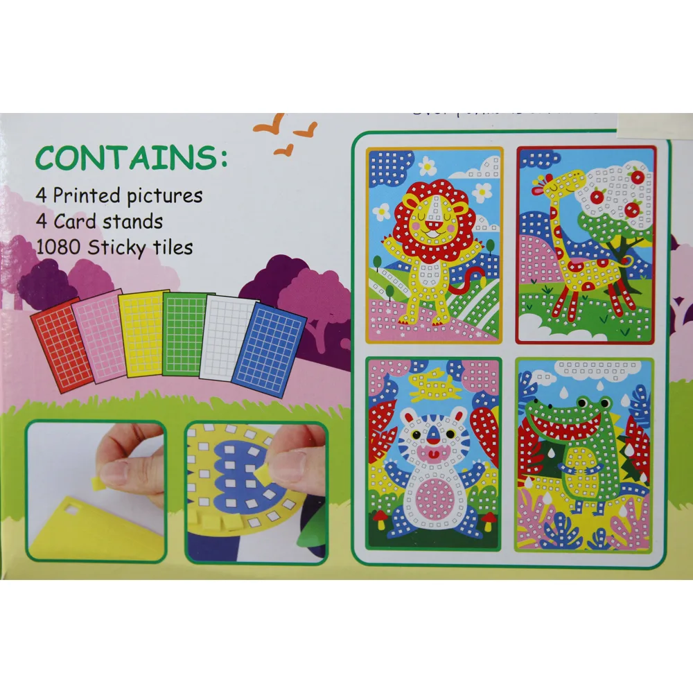 Set creativ mozaic Jungla cu 4 imagini si patratele autocolante colorate
