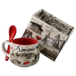 Cana din ceramica cu lingurita "Romania" 90 ml Castele si monumente