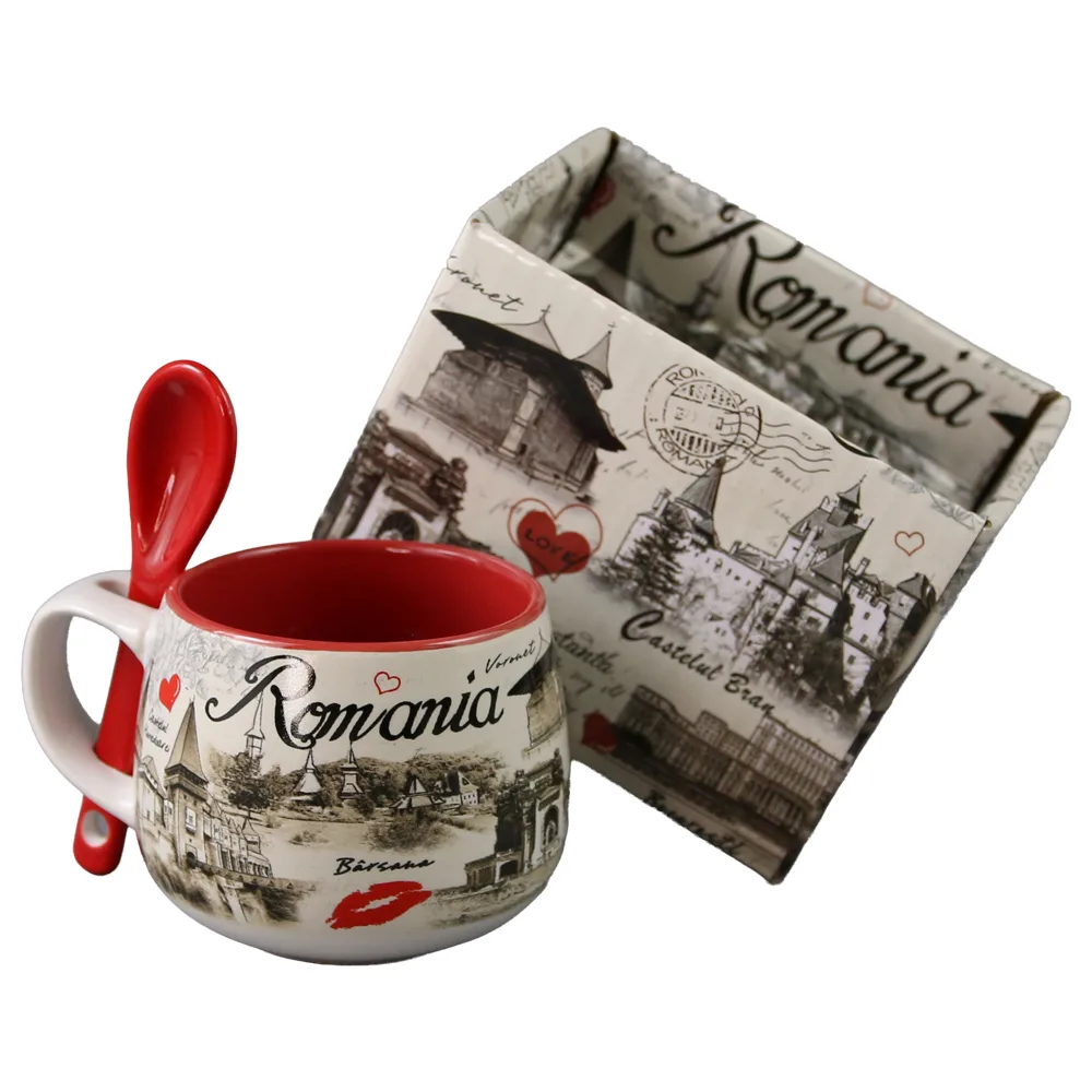 Cana din ceramica cu lingurita "Romania" 90 ml Castele si monumente