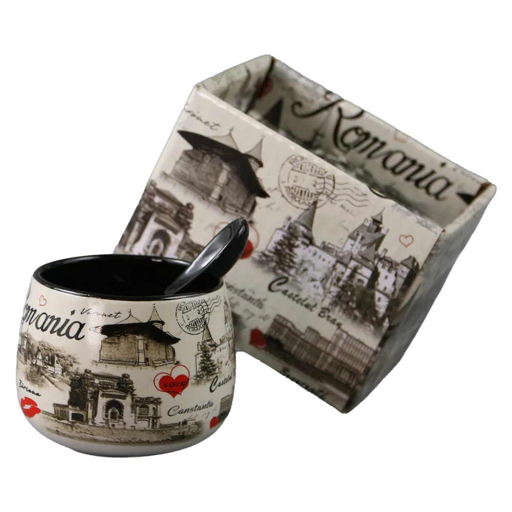 Cana din ceramica cu lingurita "Romania" 90 ml Castele si monumente