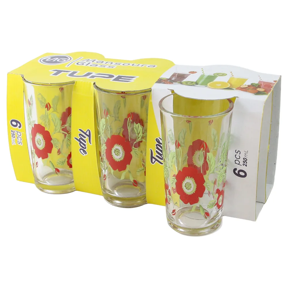 Set 6 pahare din sticla cu model floral 250 ml Tupe Set 6 pahare din sticla cu model floral 250 ml Tupe