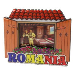 Magnet de frigider din lemn Romania 8.5 x 7 cm fereastra cu cuplu