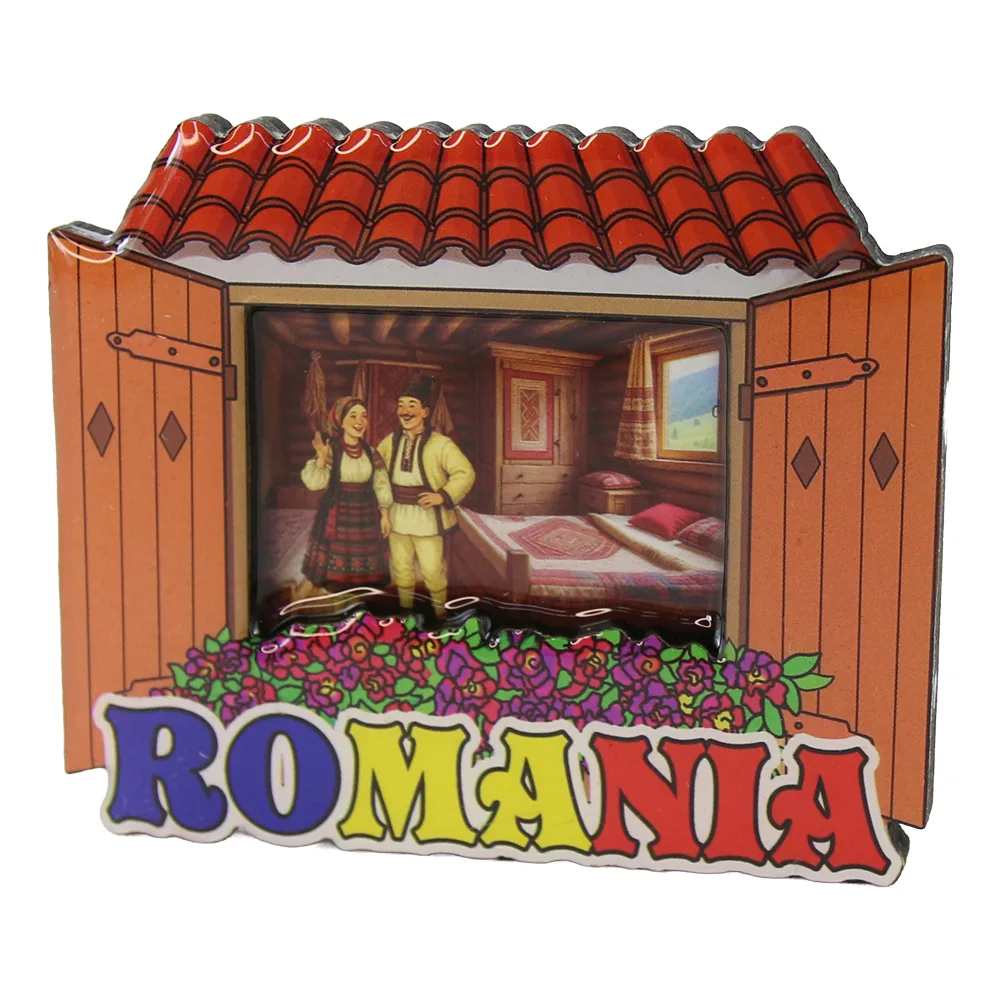 Magnet de frigider din lemn Romania 8.5 x 7 cm fereastra cu cuplu Magnet de frigider din lemn Romania 8.5 x 7 cm fereastra cu cuplu