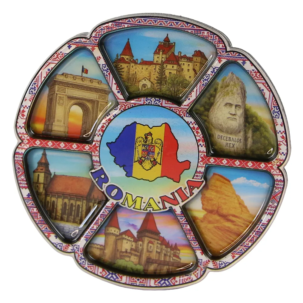 Magnet de frigider din lemn Romania 7.5 cm colaj cu Harta Romaniei