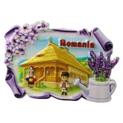 Magnet de frigider din rasina "Romania" 8.5 x 5.5 cm casa traditionala cu lavanda