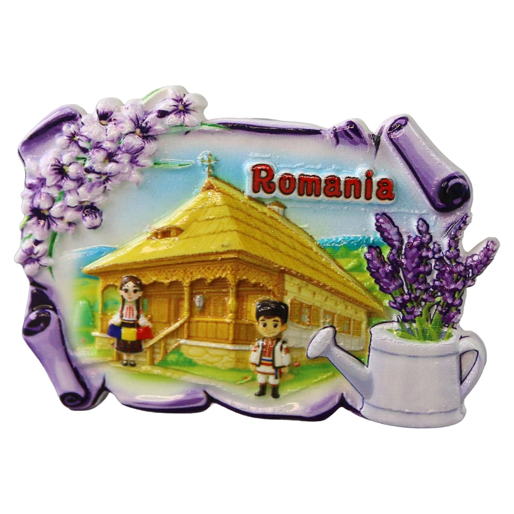 Magnet de frigider din rasina "Romania" 8.5 x 5.5 cm casa traditionala cu lavanda Magnet de frigider din rasina "Romania" 8.5 x 5.5 cm casa traditionala cu lavanda
