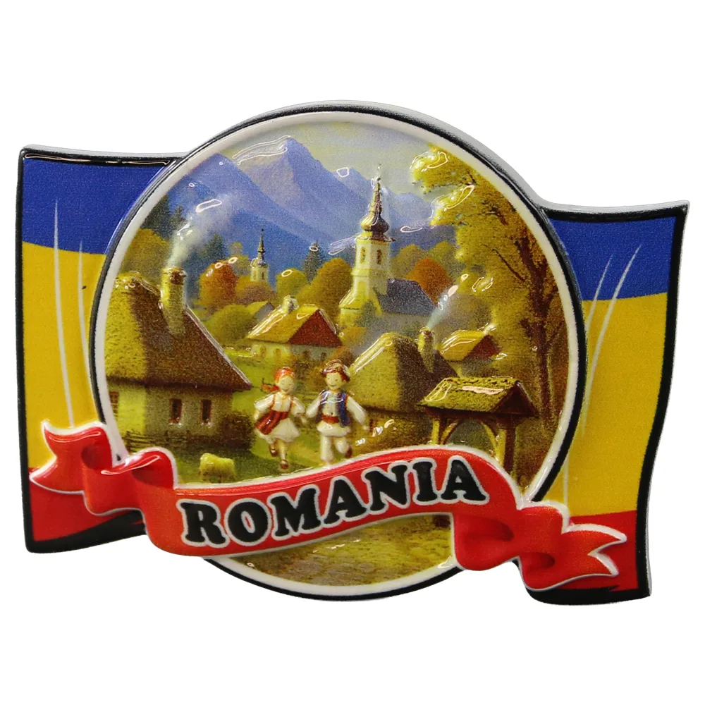Magnet de frigider din rasina "Romania" 8 x 6 cm sat traditional cu copii