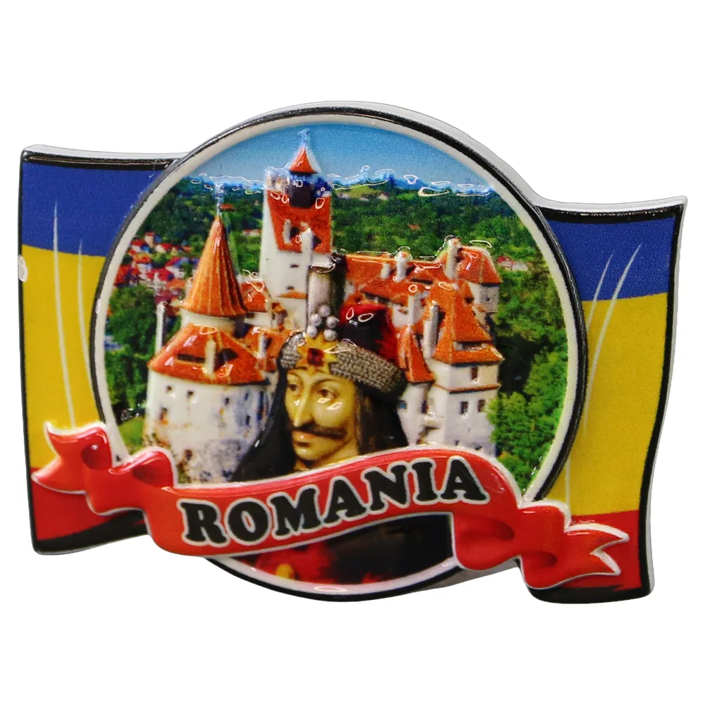 Magnet de frigider din rasina "Romania" 8 x 6 cm Castelul Bran si Vlad Tepes