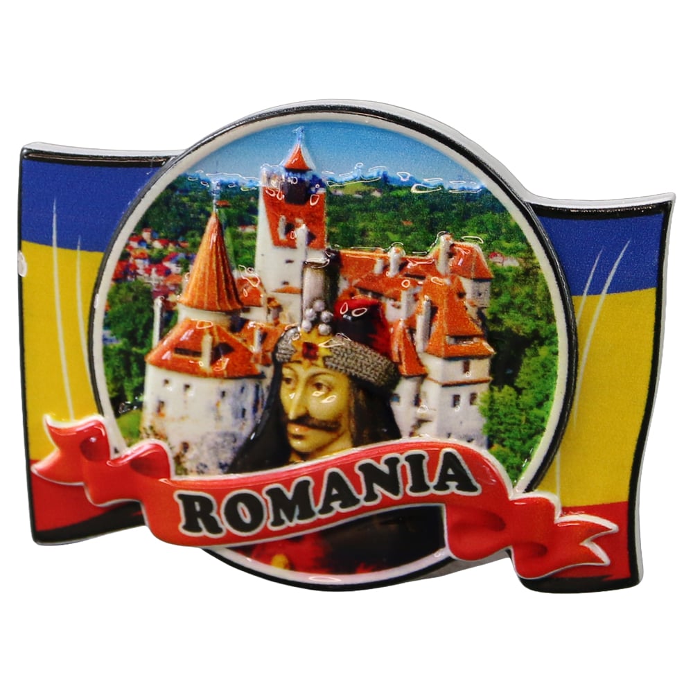 Magnet de frigider din rasina "Romania" 8 x 6 cm Castelul Bran si Vlad Tepes Magnet de frigider din rasina "Romania" 8 x 6 cm Castelul Bran si Vlad Tepes
