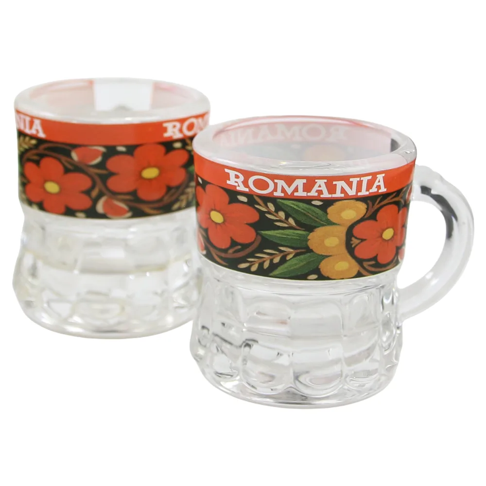 Pahar snaps din sticla cu maner "Romania" 4 x 5 cm flori colorate Pahar snaps din sticla cu maner "Romania" 4 x 5 cm flori colorate