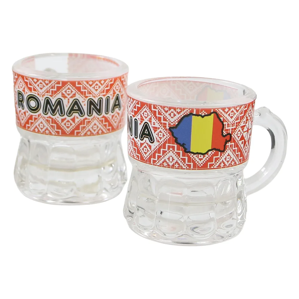 Pahar snaps din sticla cu maner "Romania" 4 x 5 cm Harta Romaniei Pahar snaps din sticla cu maner "Romania" 4 x 5 cm Harta Romaniei