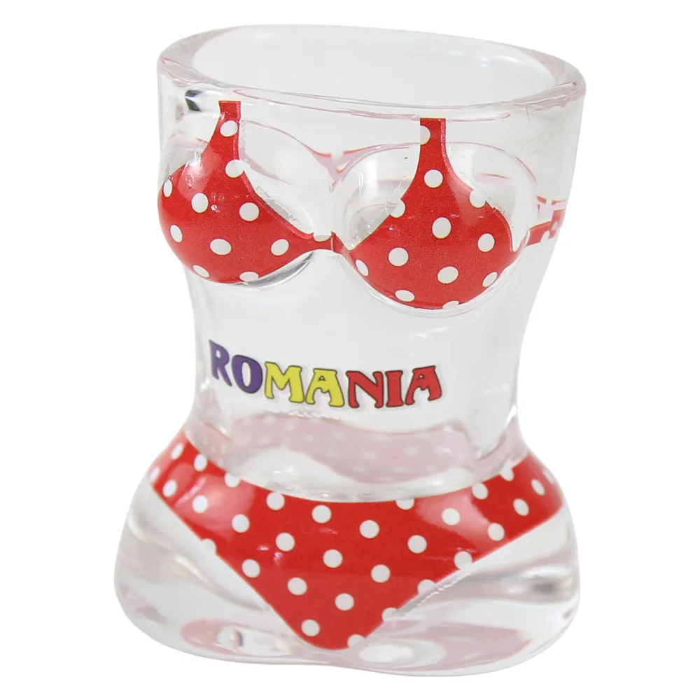 Pahar snaps din sticla "Romania" 5 x 6 cm bust femeie Pahar snaps din sticla "Romania" 5 x 6 cm bust femeie
