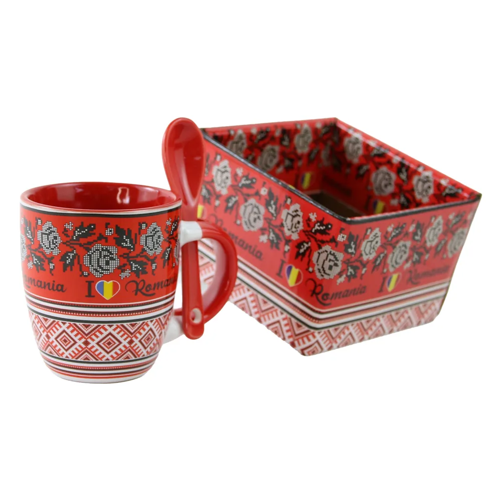 Cana din ceramica cu lingurita "Romania" 90 ml cu motive traditionale
