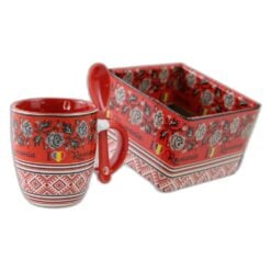 Cana din ceramica cu lingurita "Romania" 90 ml cu motive traditionale