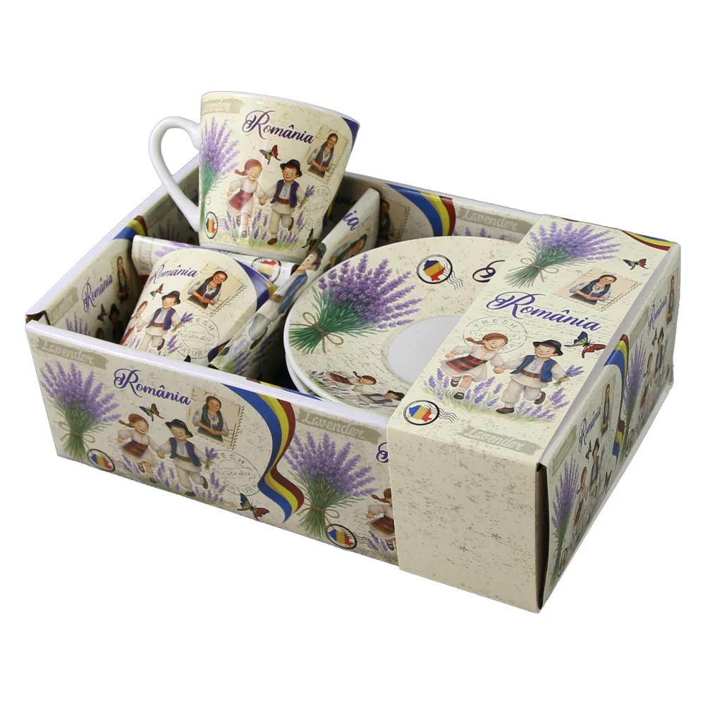 Set 2 cesti cafea cu farfurioare din ceramica "Romania" 70 ml copii cu lavanda
