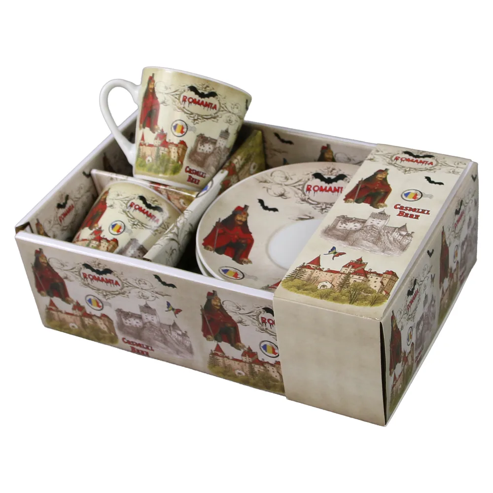 Set 2 cesti cafea cu farfurioare din ceramica "Romania" 70 ml Castelul Bran