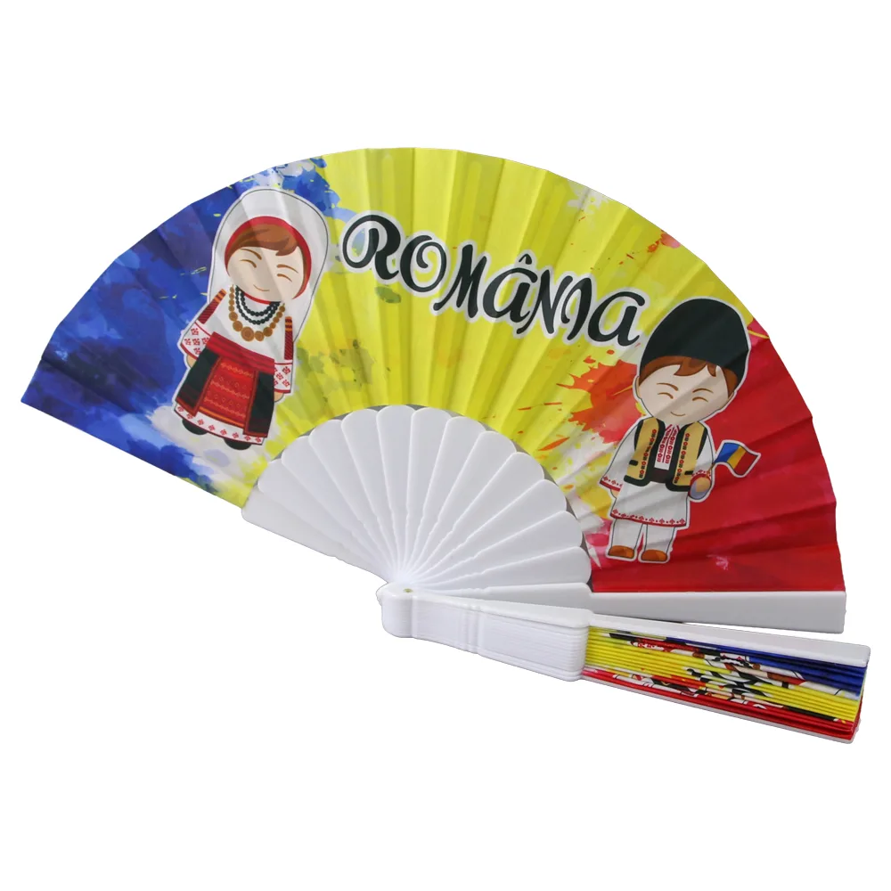 Evantai suvenir "Romania" 23 cm din poliester si plastic Tricolor cu copii Evantai suvenir "Romania" 23 cm din poliester si plastic Tricolor cu copii