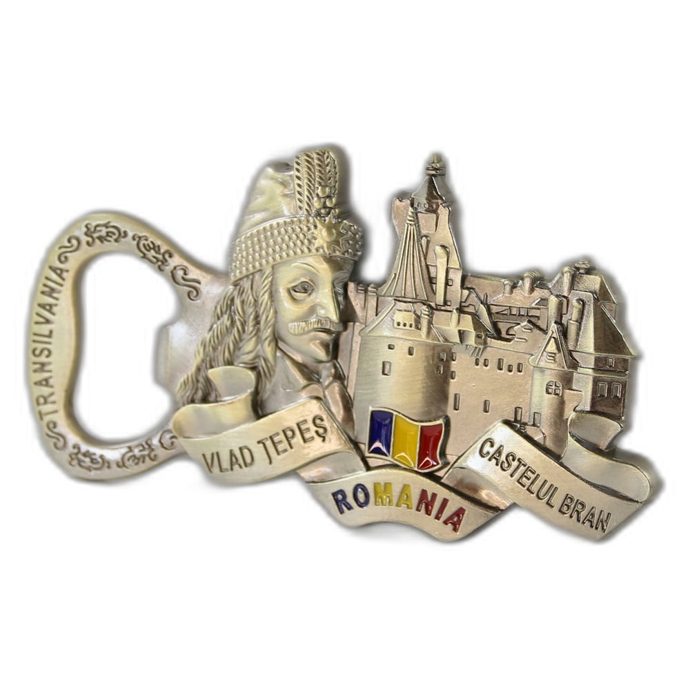 Desfacator sticle din metal cu magnet "Romania" 9.5 x 5 cm Vlad Tepes Desfacator sticle din metal cu magnet "Romania" 9.5 x 5 cm Vlad Tepes