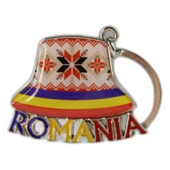 Breloc metalic "Romania" 5 x 7 cm palaria osan tricolor