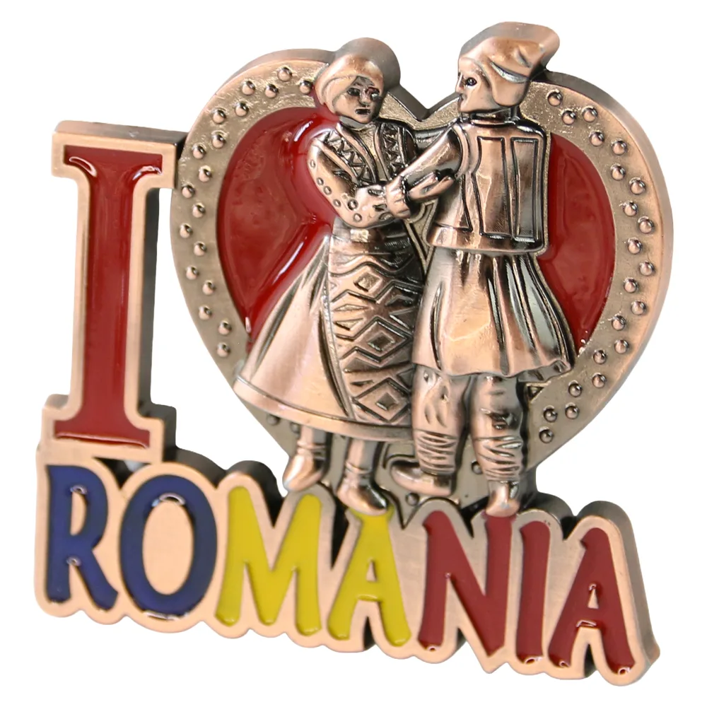 Magnet de frigider metalic "I love Romania" 6 x 6.5 cm cuplu cu inimioara Magnet de frigider metalic "I love Romania" 6 x 6.5 cm cuplu cu inimioara