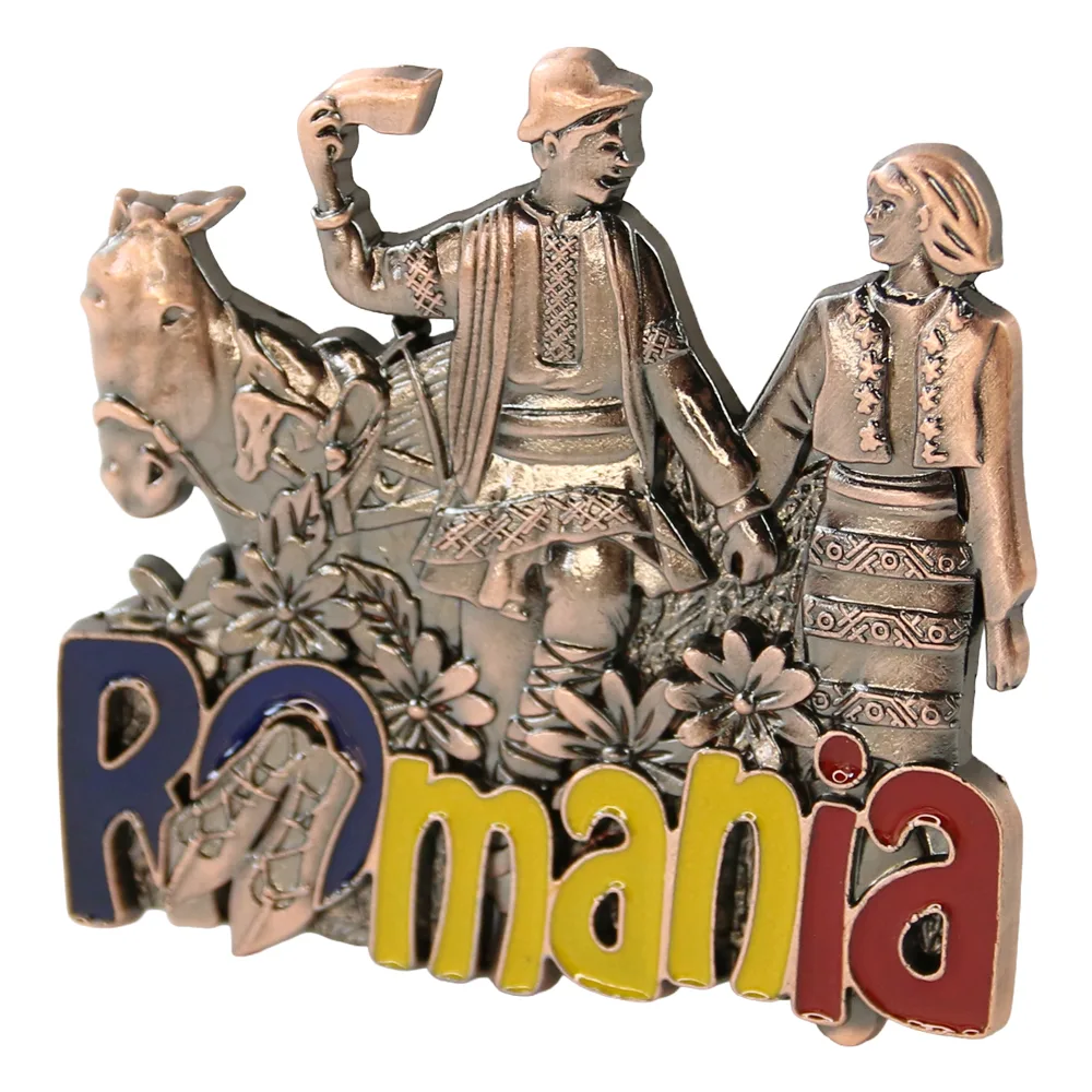 Magnet de frigider metalic "Romania" 6.5 x 6 cm cuplu cu magar Magnet de frigider metalic "Romania" 6.5 x 6 cm cuplu cu magar