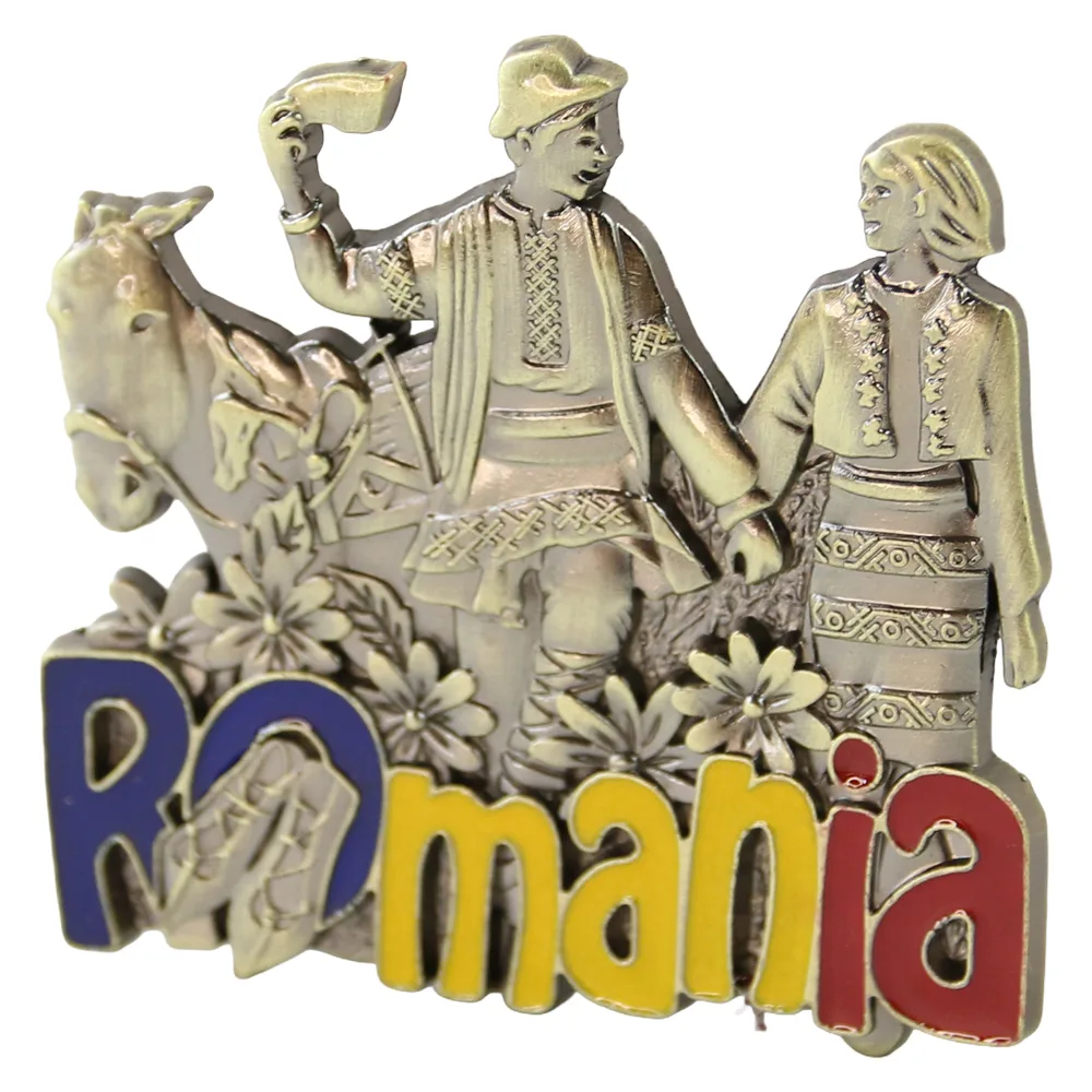 Magnet de frigider metalic "Romania" 6.5 x 6 cm cuplu cu magar Magnet de frigider metalic "Romania" 6.5 x 6 cm cuplu cu magar