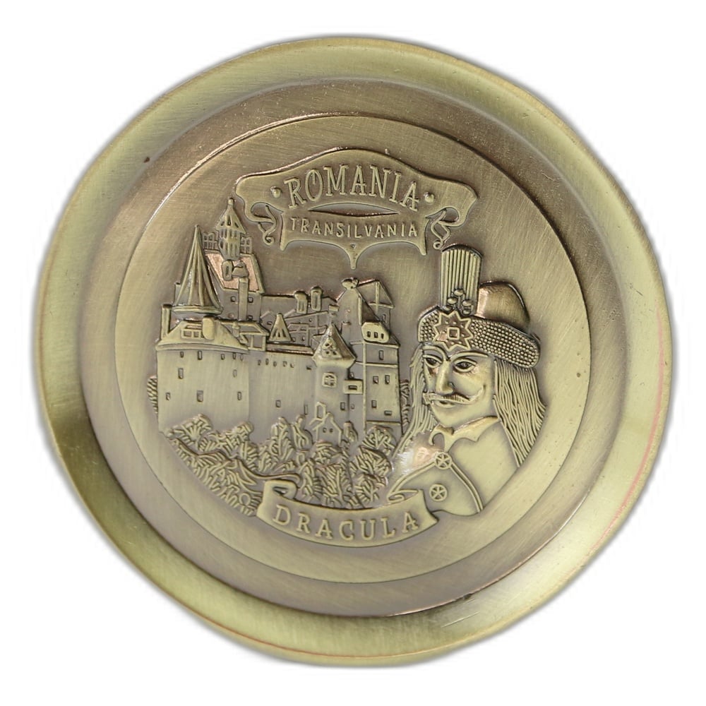 Magnet de frigider metalic rotund "Romania / Dracula" 7.5 cm Magnet de frigider metalic rotund "Romania / Dracula" 7.5 cm