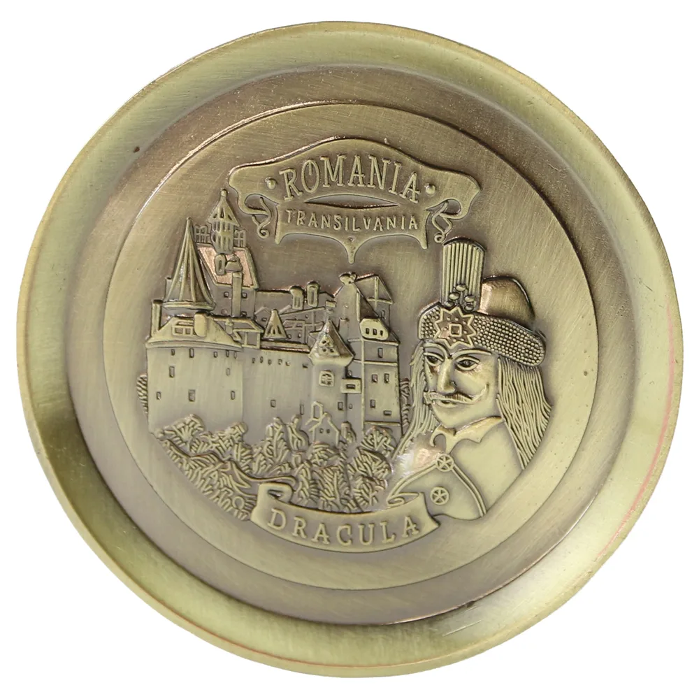 Magnet de frigider metalic rotund "Romania / Dracula" 7.5 cm