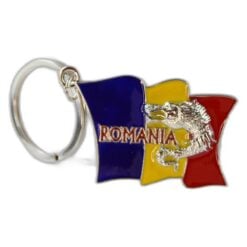 Breloc metalic "Romania" 3.5 x 8 cm Lupul Dacic tricolor