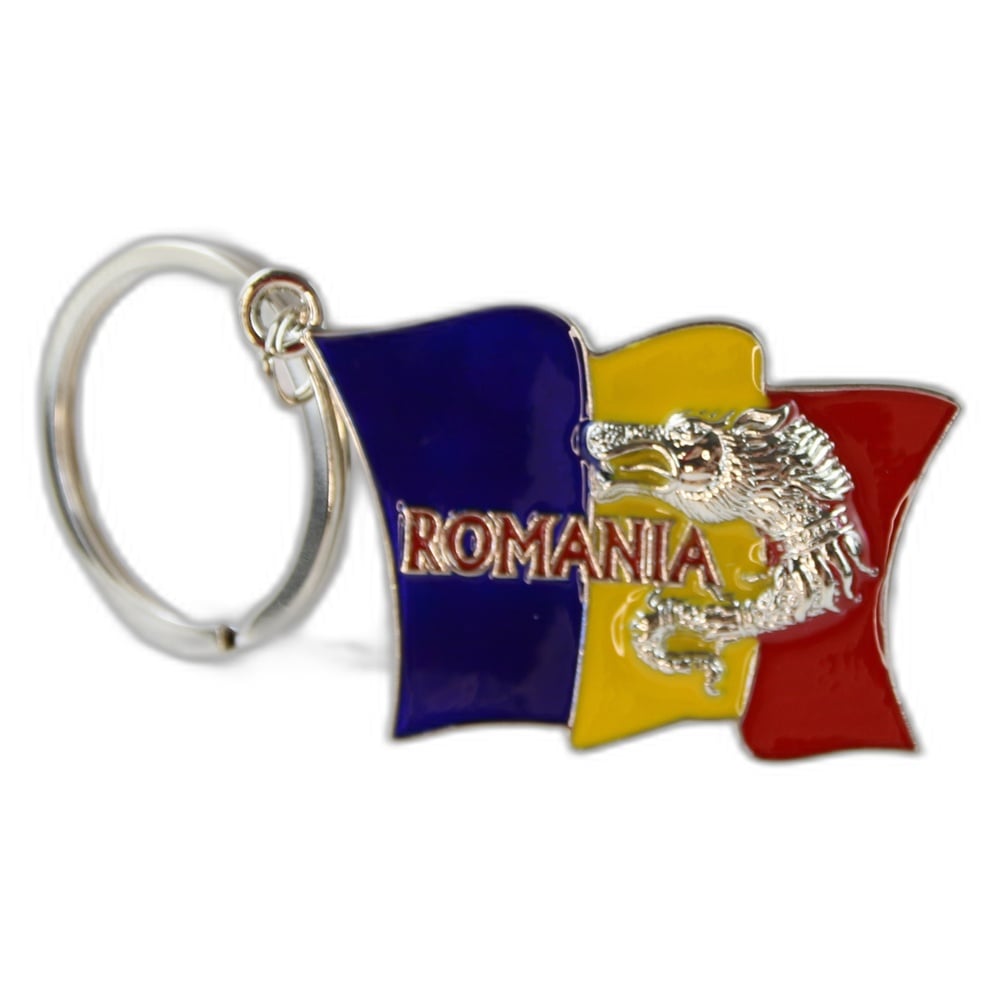Breloc metalic "Romania" 3.5 x 8 cm Lupul Dacic tricolor Breloc metalic "Romania" 3.5 x 8 cm Lupul Dacic tricolor