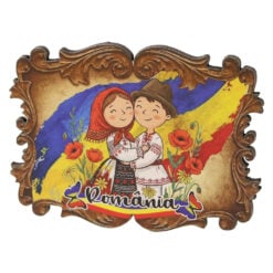Magnet de frigider din placaj Romania 8 x 6 cm cuplu cu maci