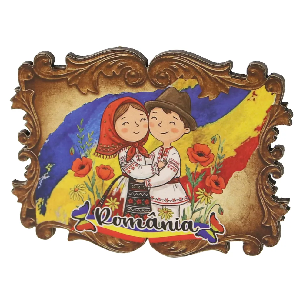 Magnet de frigider din placaj Romania 8 x 6 cm cuplu cu maci Magnet de frigider din placaj Romania 8 x 6 cm cuplu cu maci
